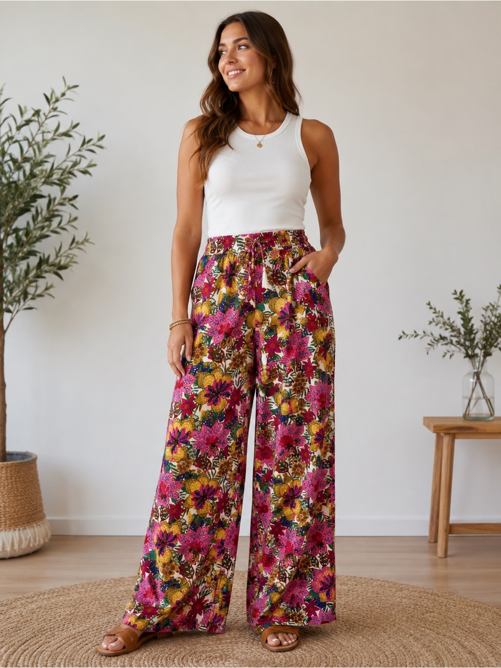 Roz & Ali Wide Leg Floral Pants in Pink, Yellow, Green, Brown